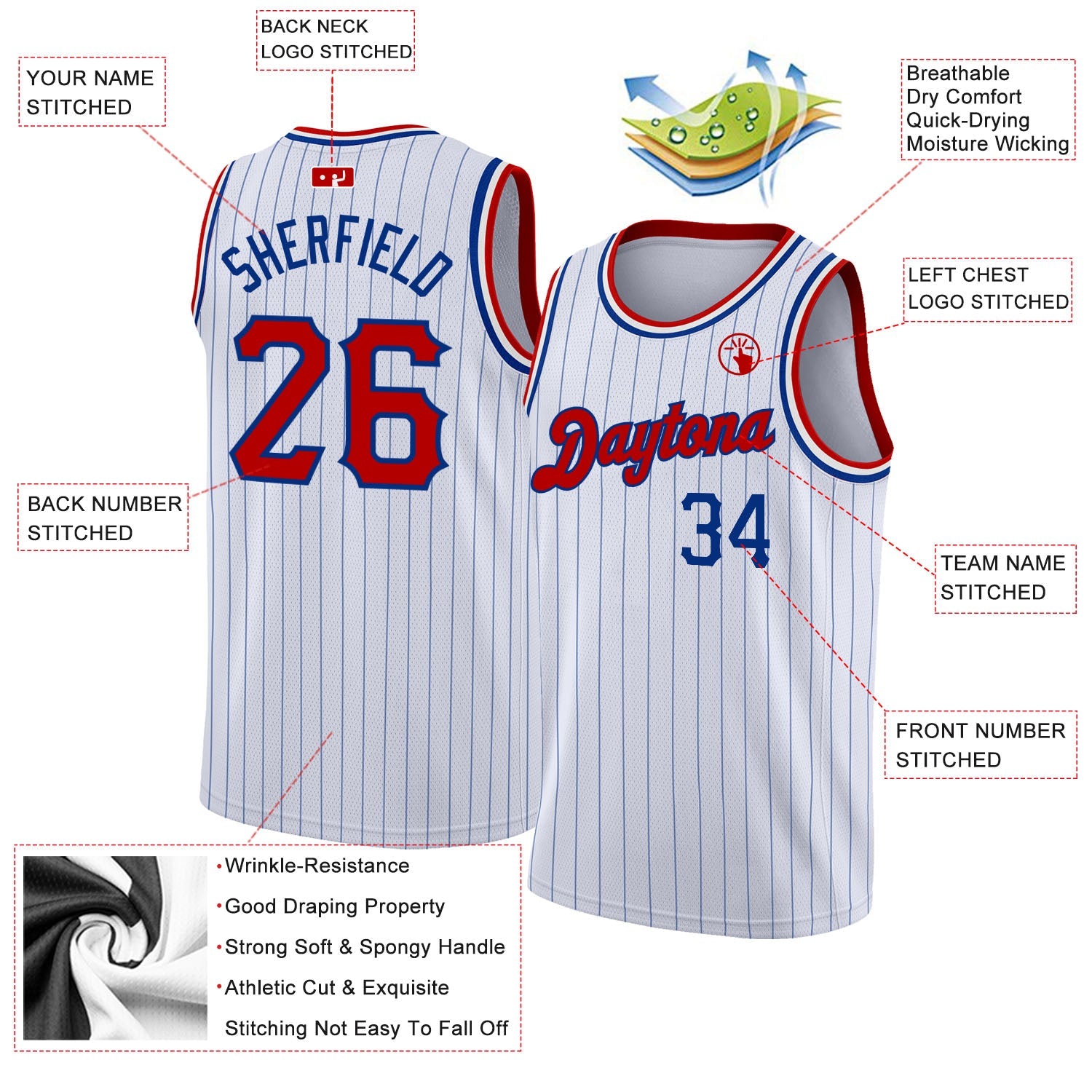 Custom White Royal Pinstripe Red-Royal Authentic Basketball Jersey view 2