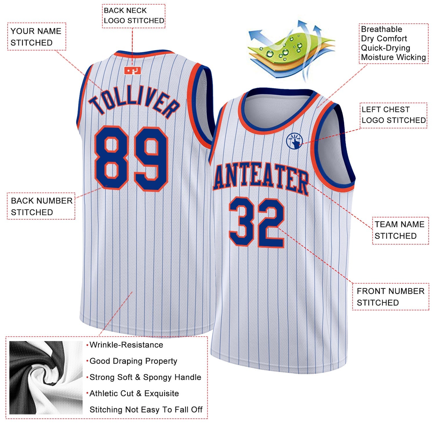 Custom White Royal Pinstripe Royal-Orange Authentic Basketball Jersey view 2