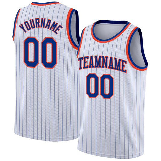 Custom White Royal Pinstripe Royal-Orange Authentic Basketball Jersey - Main View