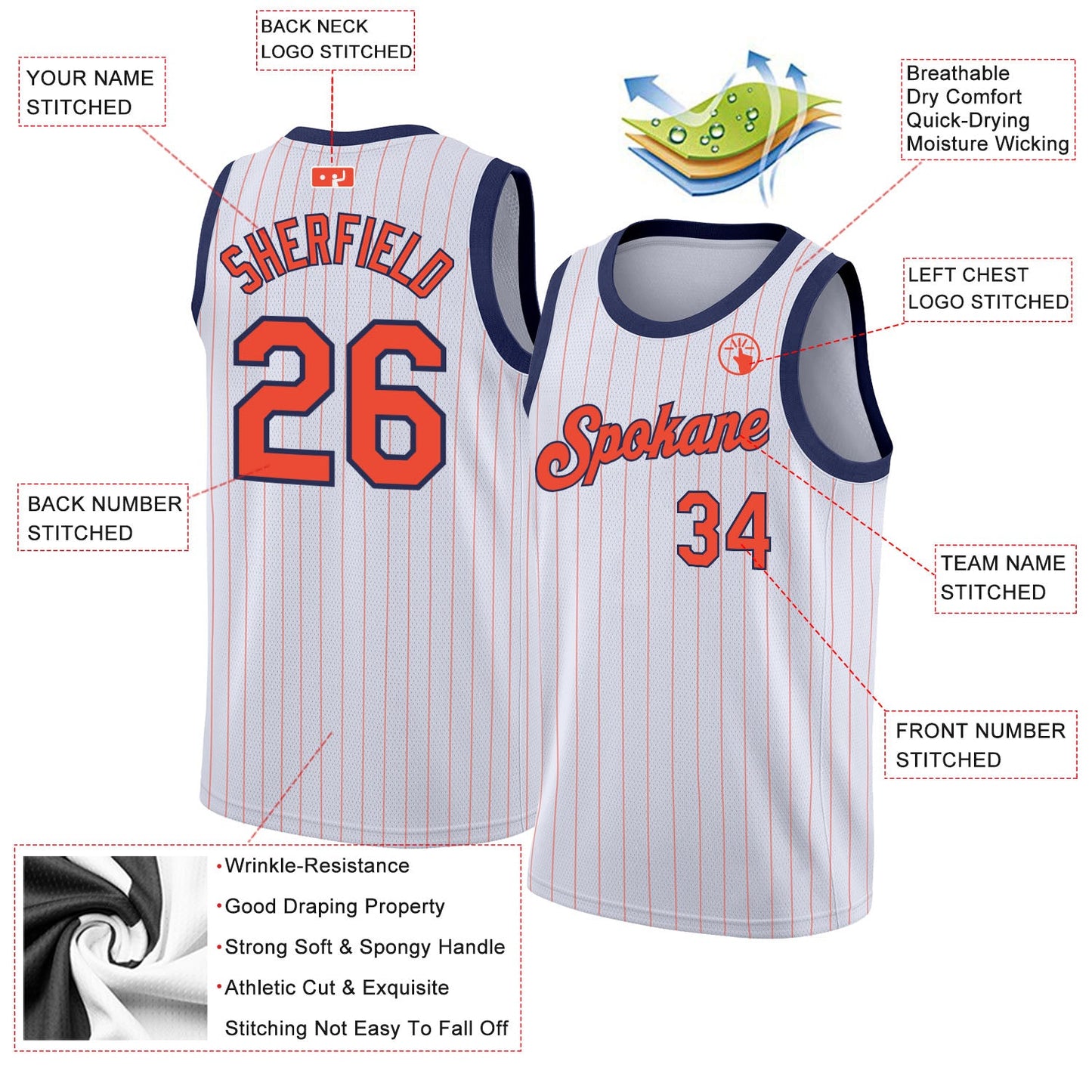 Custom White Orange Pinstripe Orange-Navy Authentic Basketball Jersey view 2