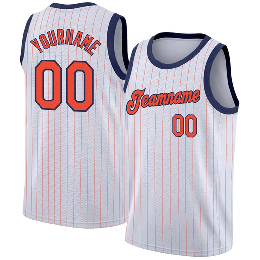Custom White Orange Pinstripe Orange-Navy Authentic Basketball Jersey - Main View