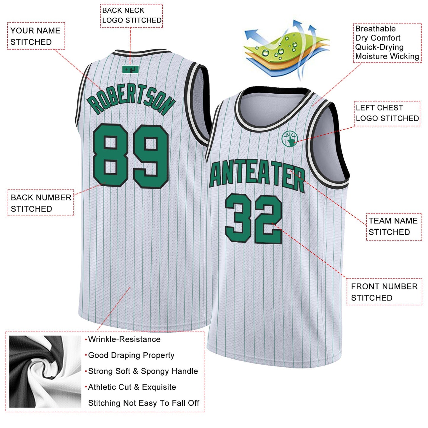 Custom White Kelly Green Pinstripe Kelly Green-Black Authentic Basketball Jersey view 2