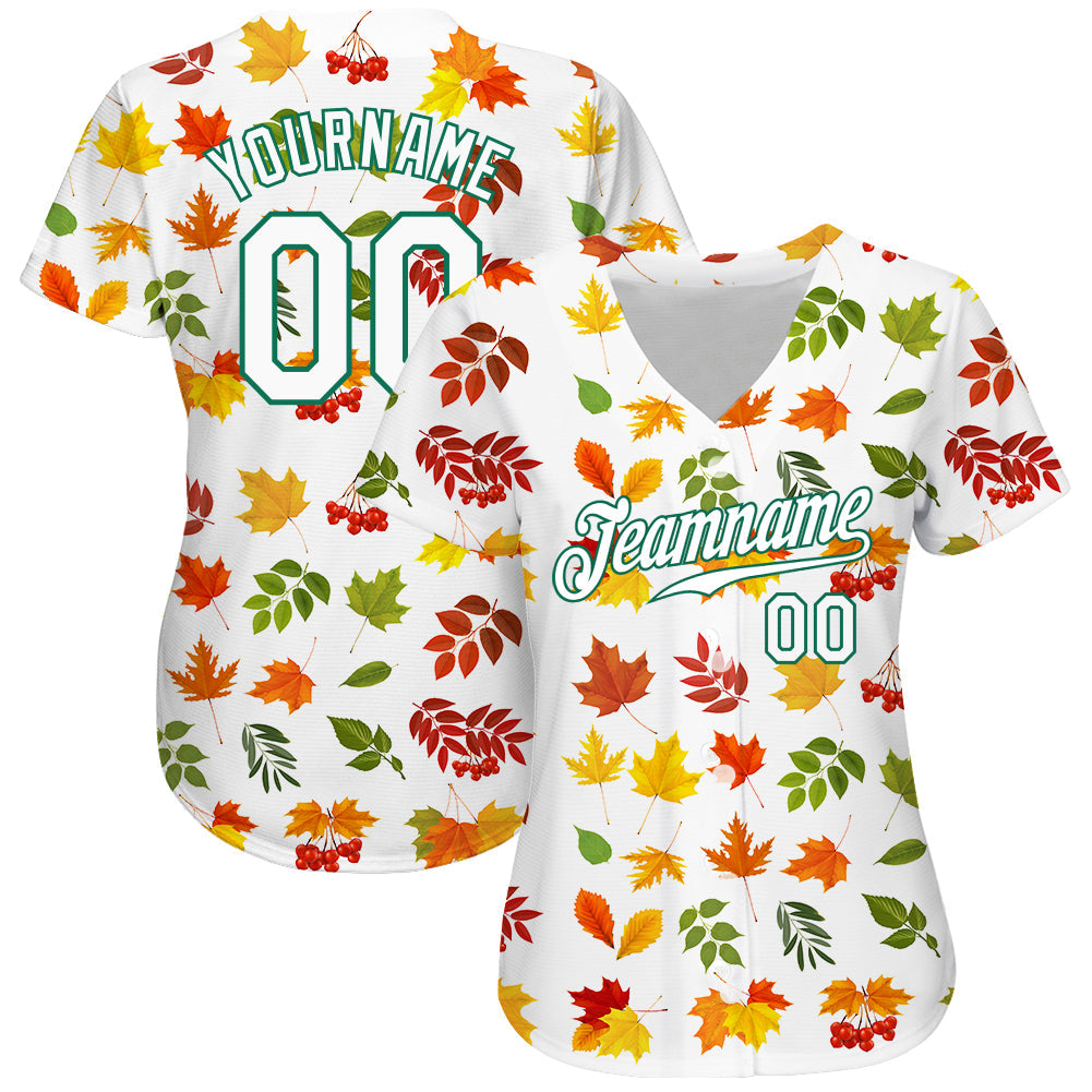 Custom White White-Kelly Green 3D Pattern Design Autumn Leaves Authentic Baseball Jersey view 2