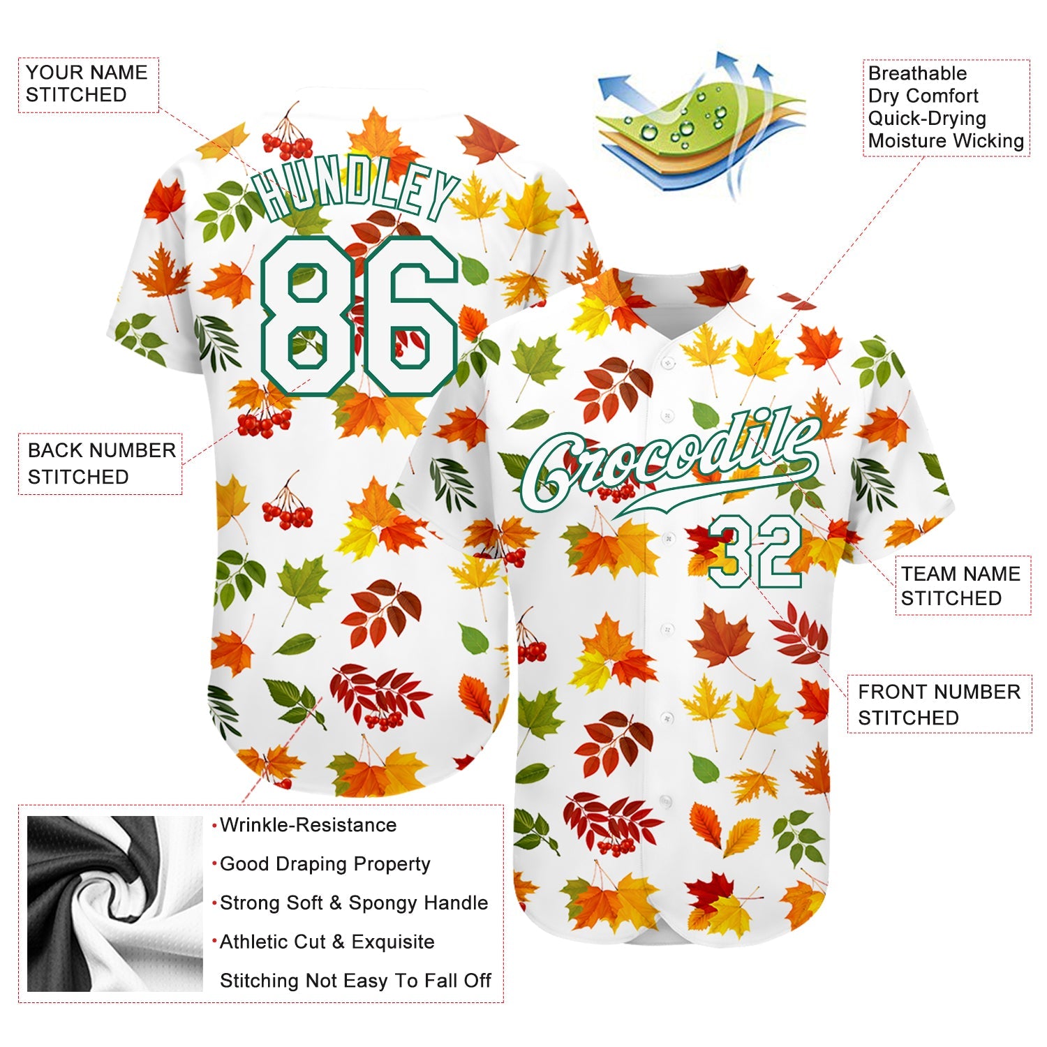 Custom White White-Kelly Green 3D Pattern Design Autumn Leaves Authentic Baseball Jersey view 3