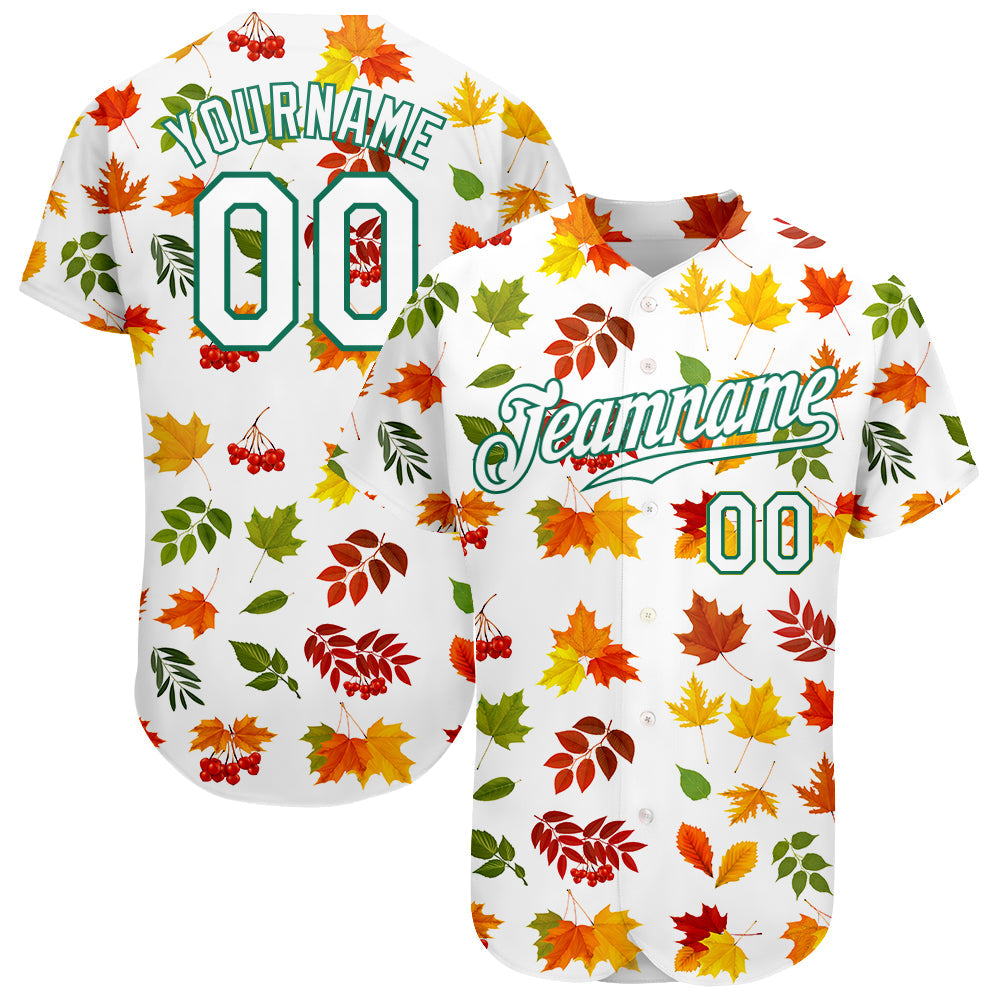 Custom White White-Kelly Green 3D Pattern Design Autumn Leaves Authentic Baseball Jersey - Main View