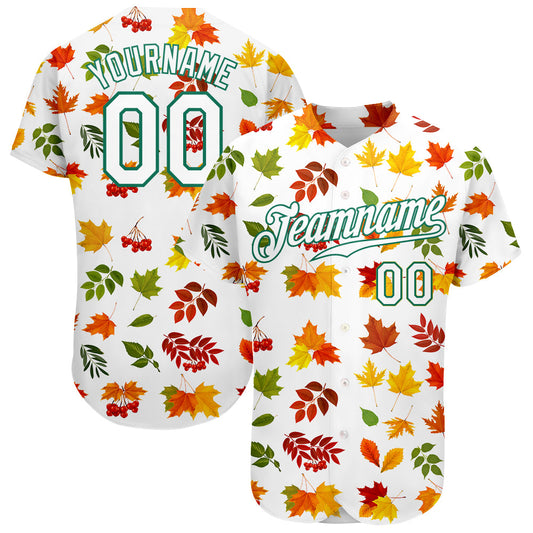 Custom White White-Kelly Green 3D Pattern Design Autumn Leaves Authentic Baseball Jersey - Main View