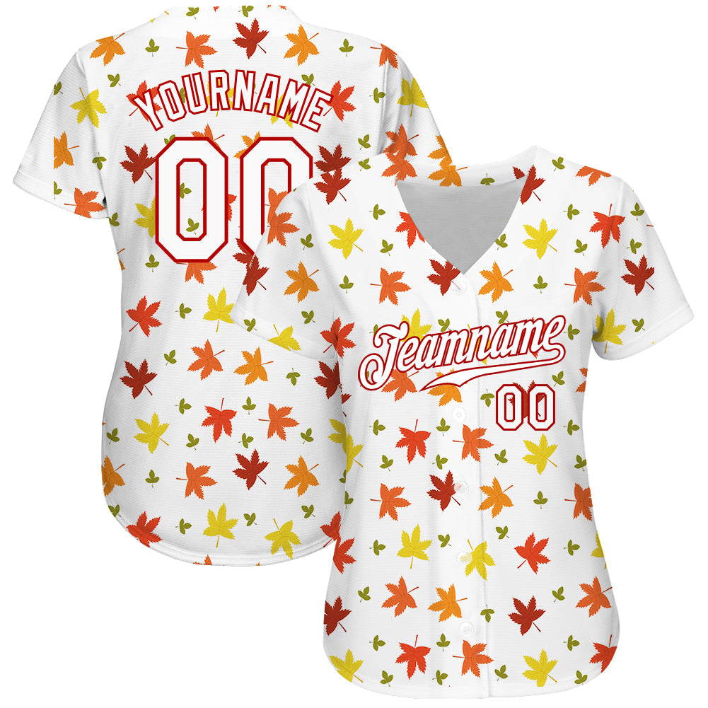 Custom White White-Red 3D Pattern Design Autumn Leaves Authentic Baseball Jersey view 2