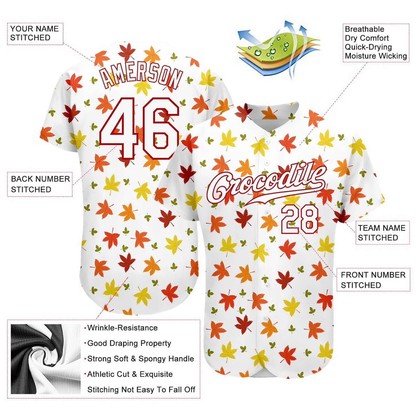 Custom White White-Red 3D Pattern Design Autumn Leaves Authentic Baseball Jersey view 3