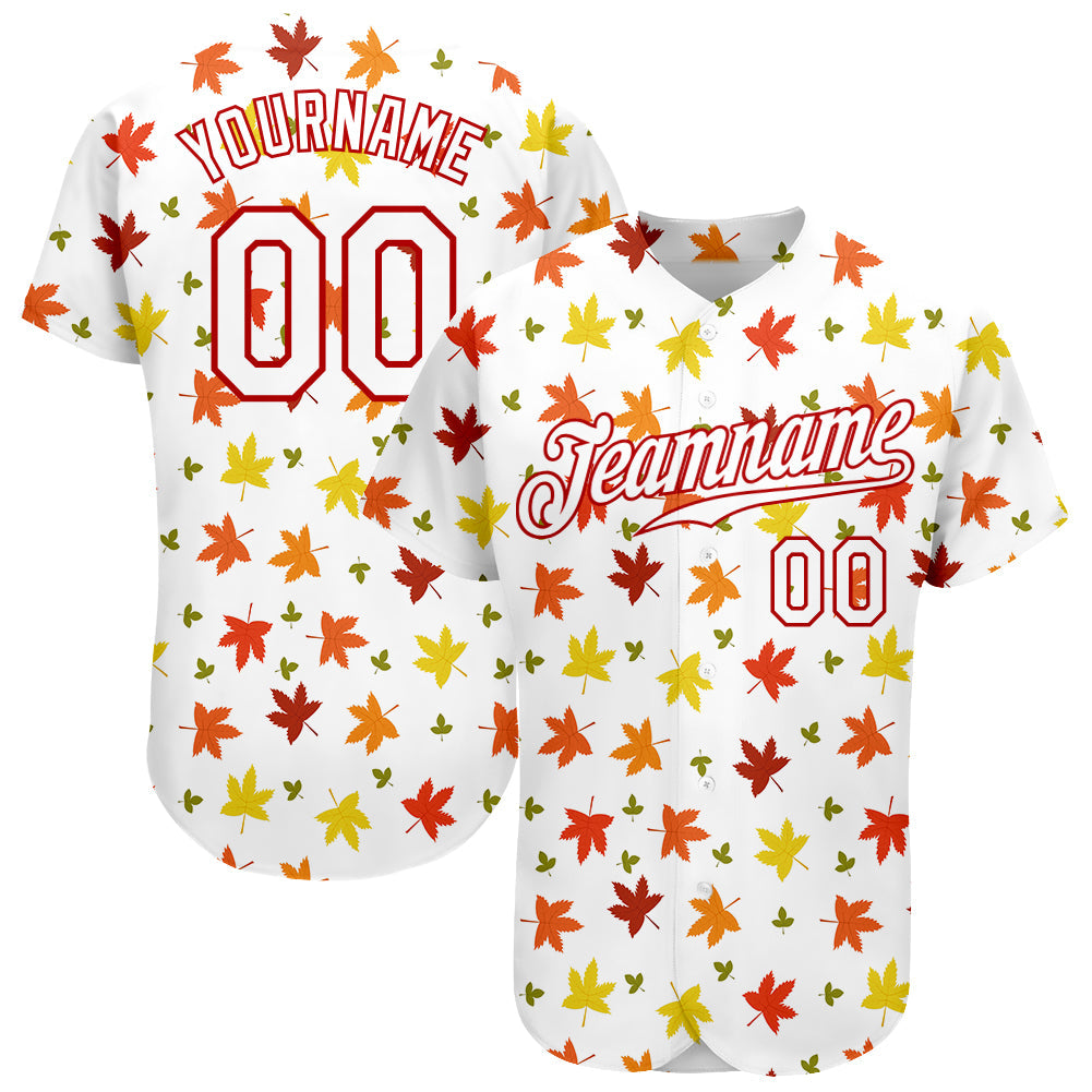 Custom White White-Red 3D Pattern Design Autumn Leaves Authentic Baseball Jersey - Main View