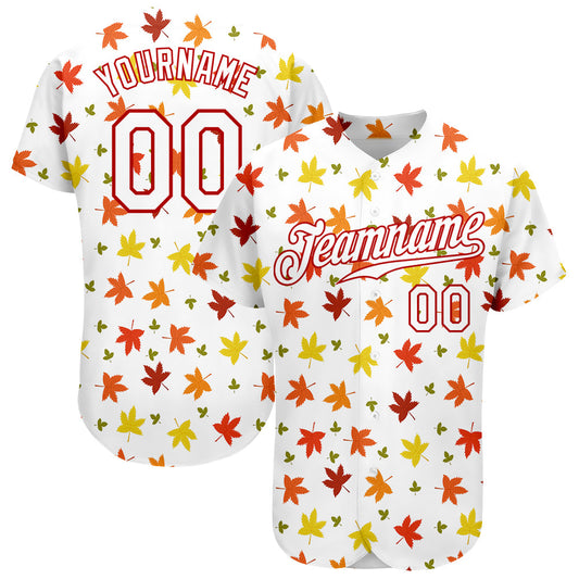 Custom White White-Red 3D Pattern Design Autumn Leaves Authentic Baseball Jersey - Main View