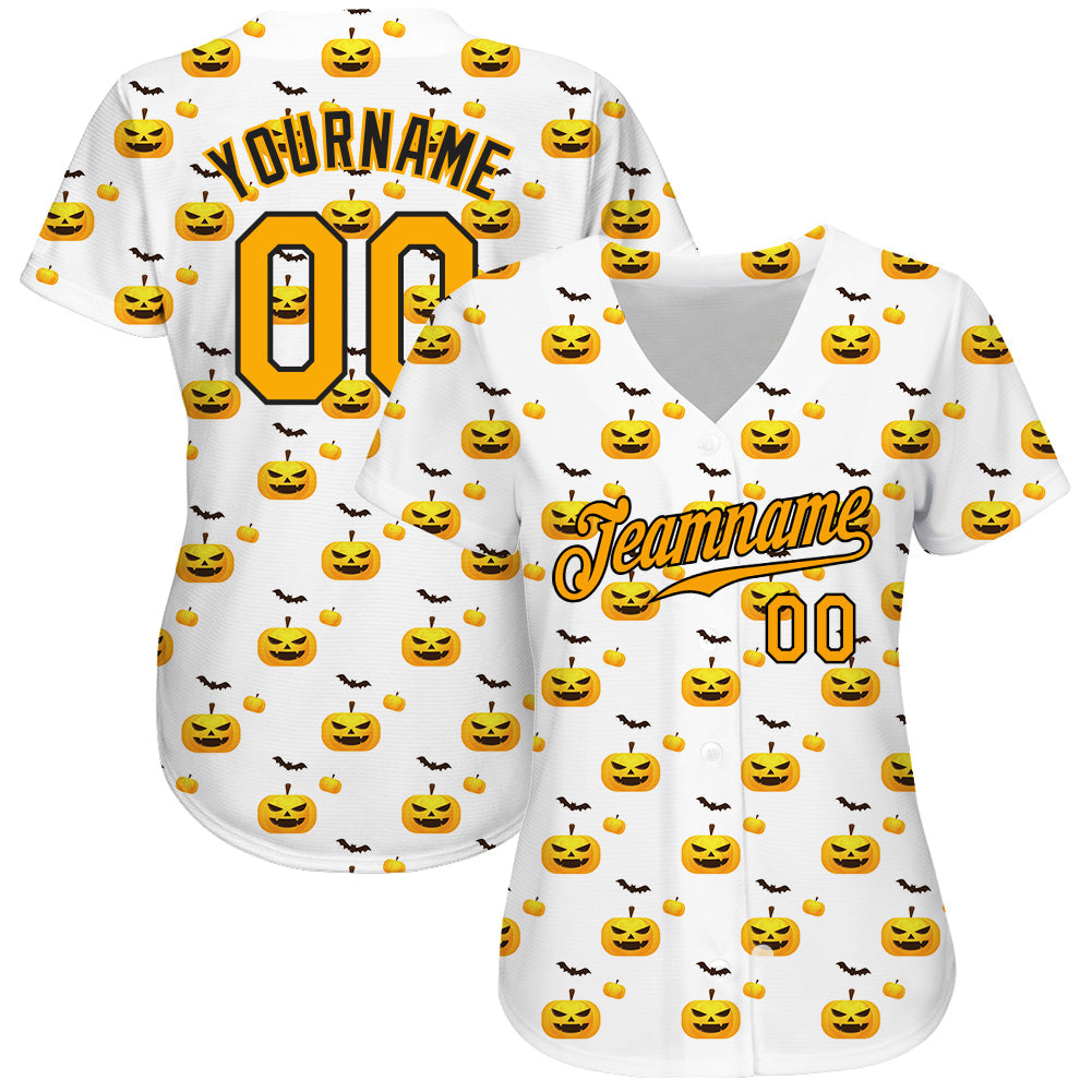 Custom White Gold-Black 3D Pattern Design Halloween Pattern With Pumpkins Authentic Baseball Jersey view 2