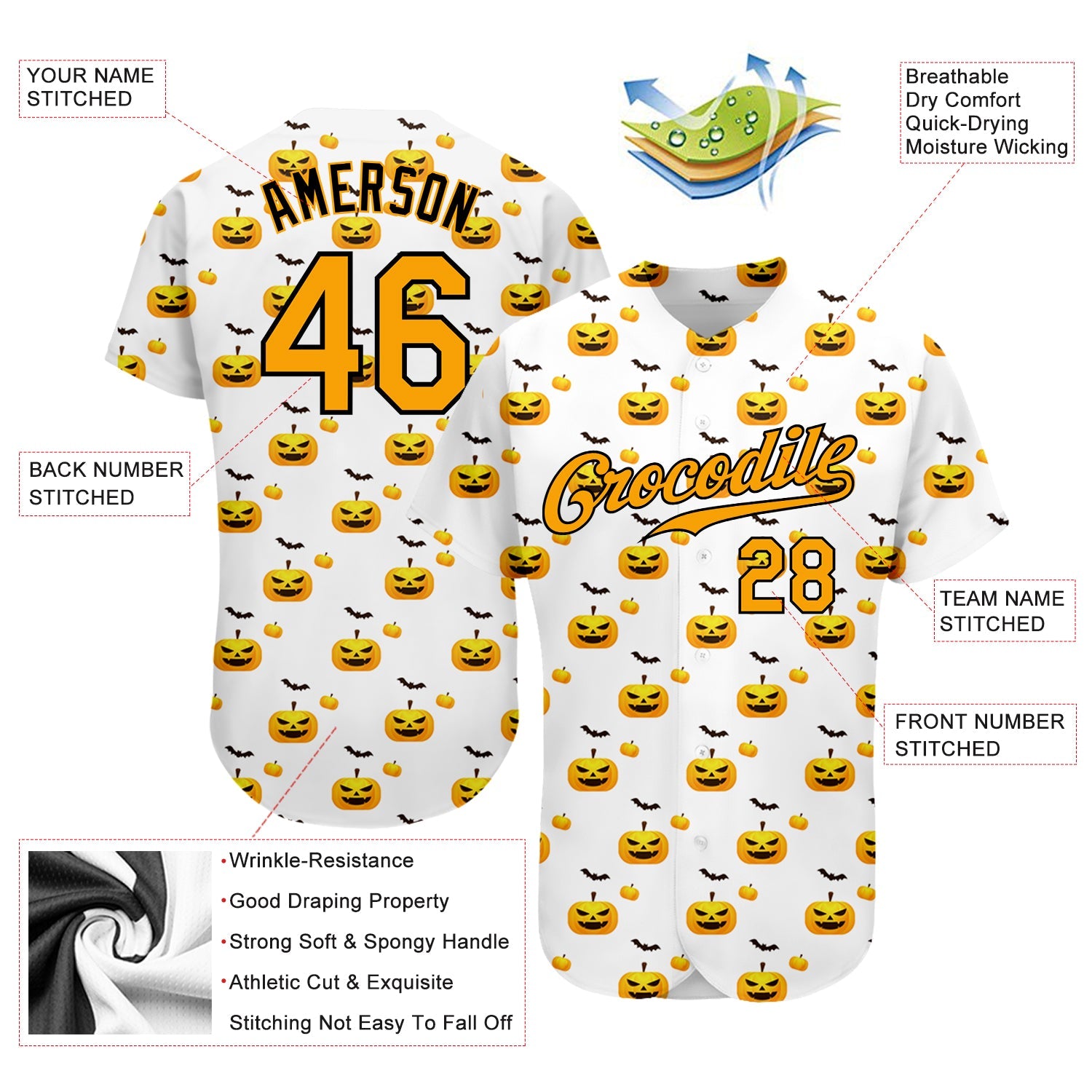 Custom White Gold-Black 3D Pattern Design Halloween Pattern With Pumpkins Authentic Baseball Jersey view 3