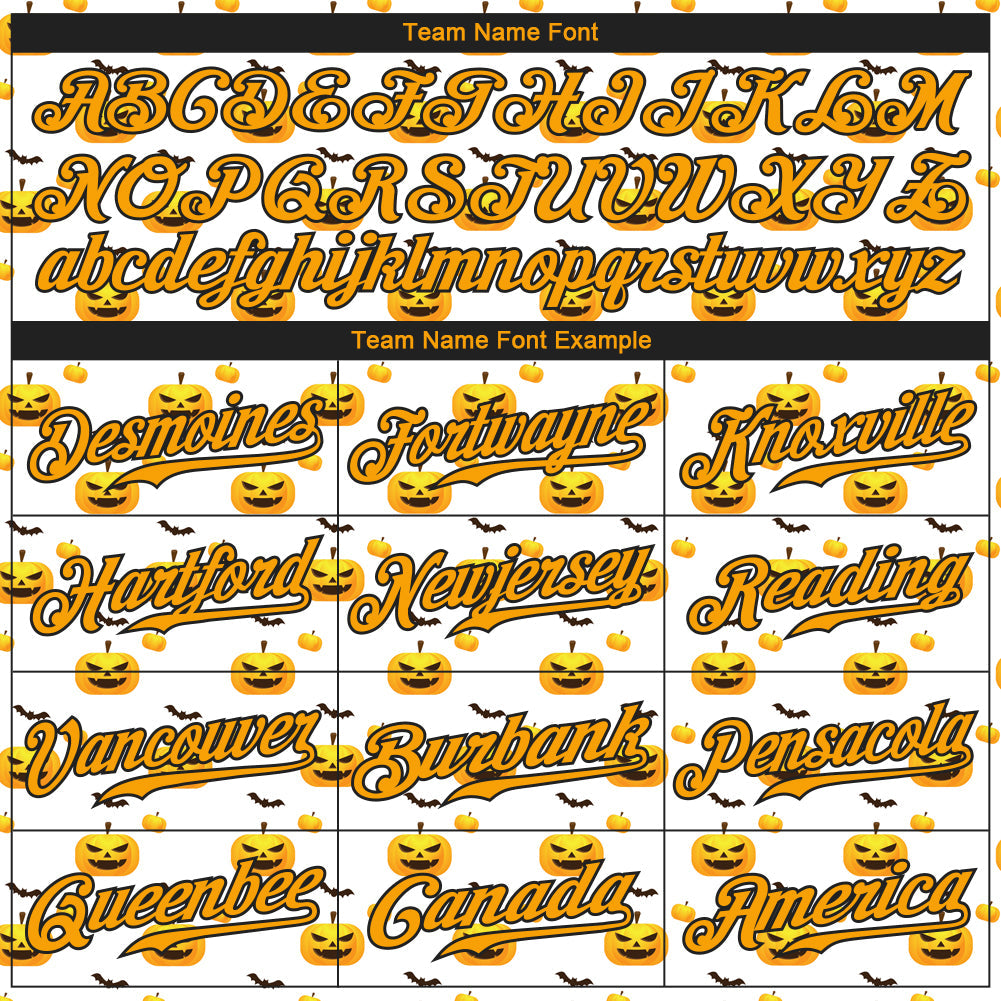 Custom White Gold-Black 3D Pattern Design Halloween Pattern With Pumpkins Authentic Baseball Jersey view 4