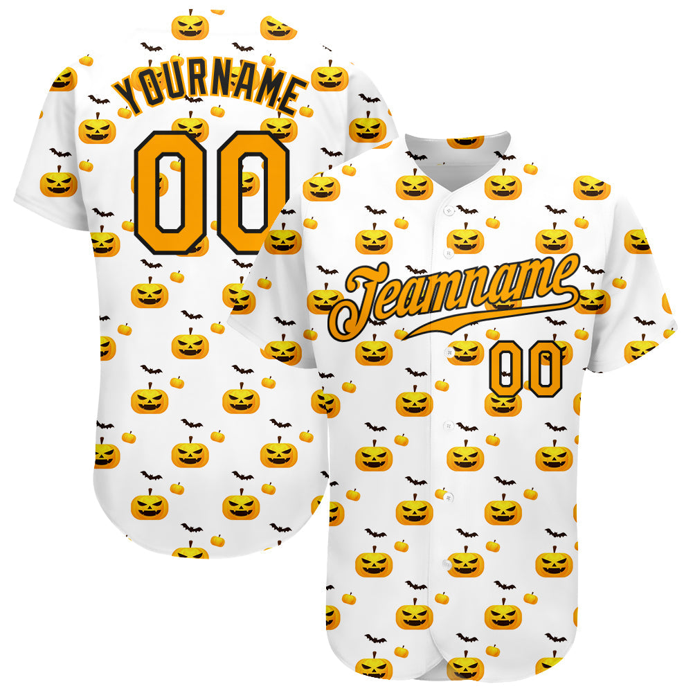 Custom White Gold-Black 3D Pattern Design Halloween Pattern With Pumpkins Authentic Baseball Jersey - Main View
