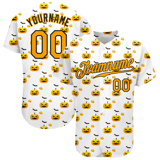Custom White Gold-Black 3D Pattern Design Halloween Pattern With Pumpkins Authentic Baseball Jersey - Main View