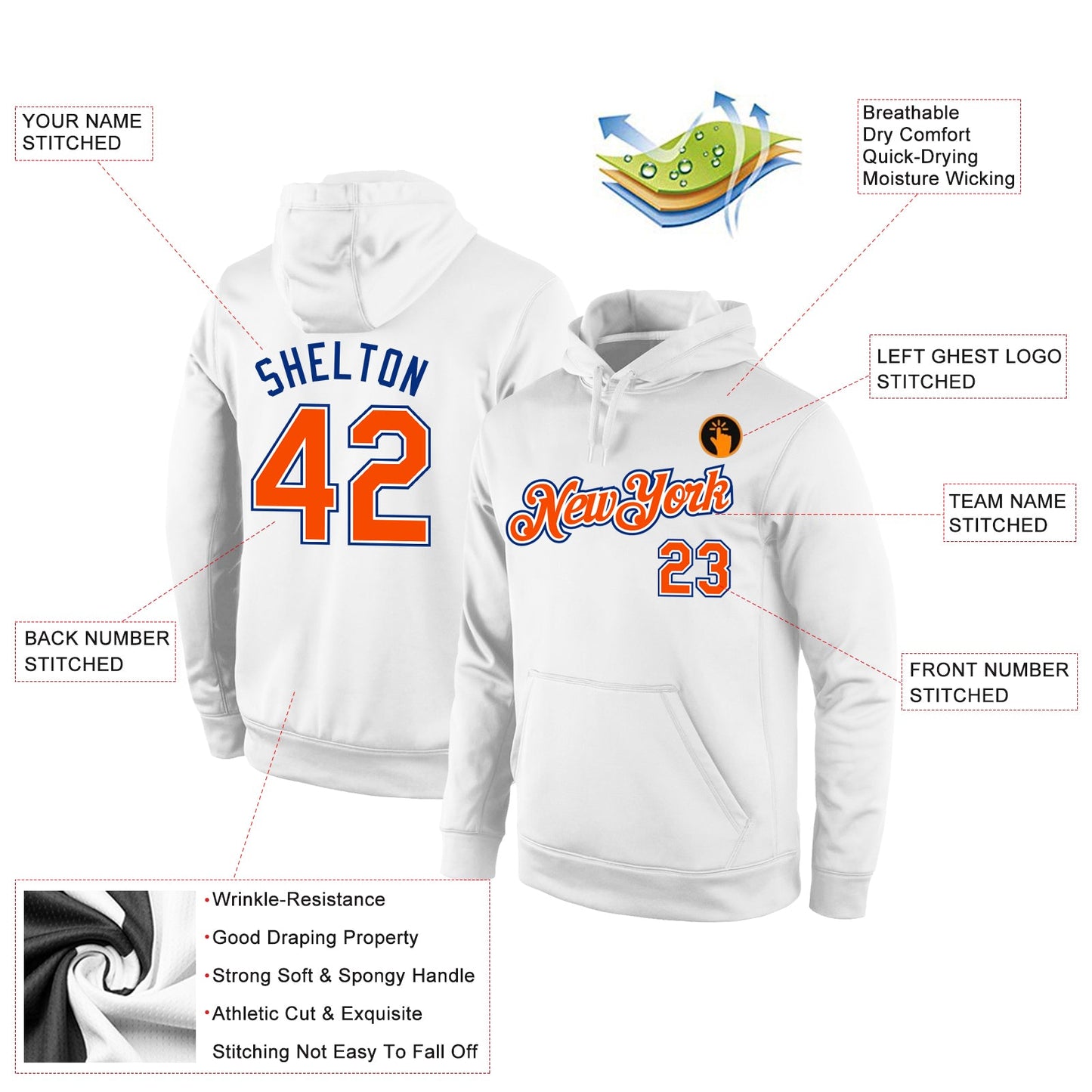 Custom Stitched White Orange-Royal Sports Pullover Sweatshirt Hoodie view 4