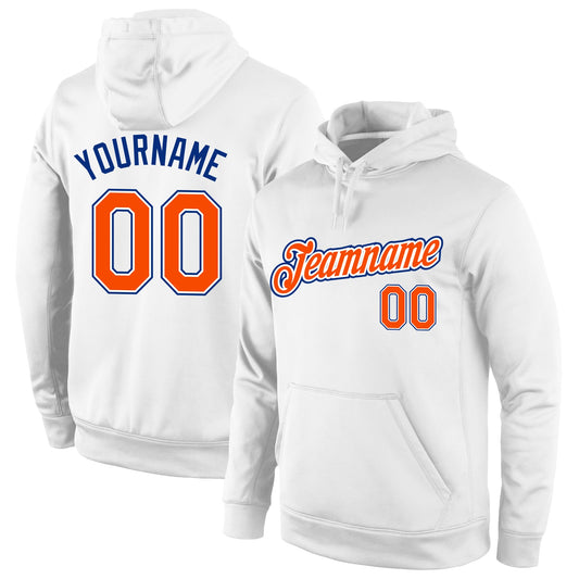 Custom Stitched White Orange-Royal Sports Pullover Sweatshirt Hoodie - Main View
