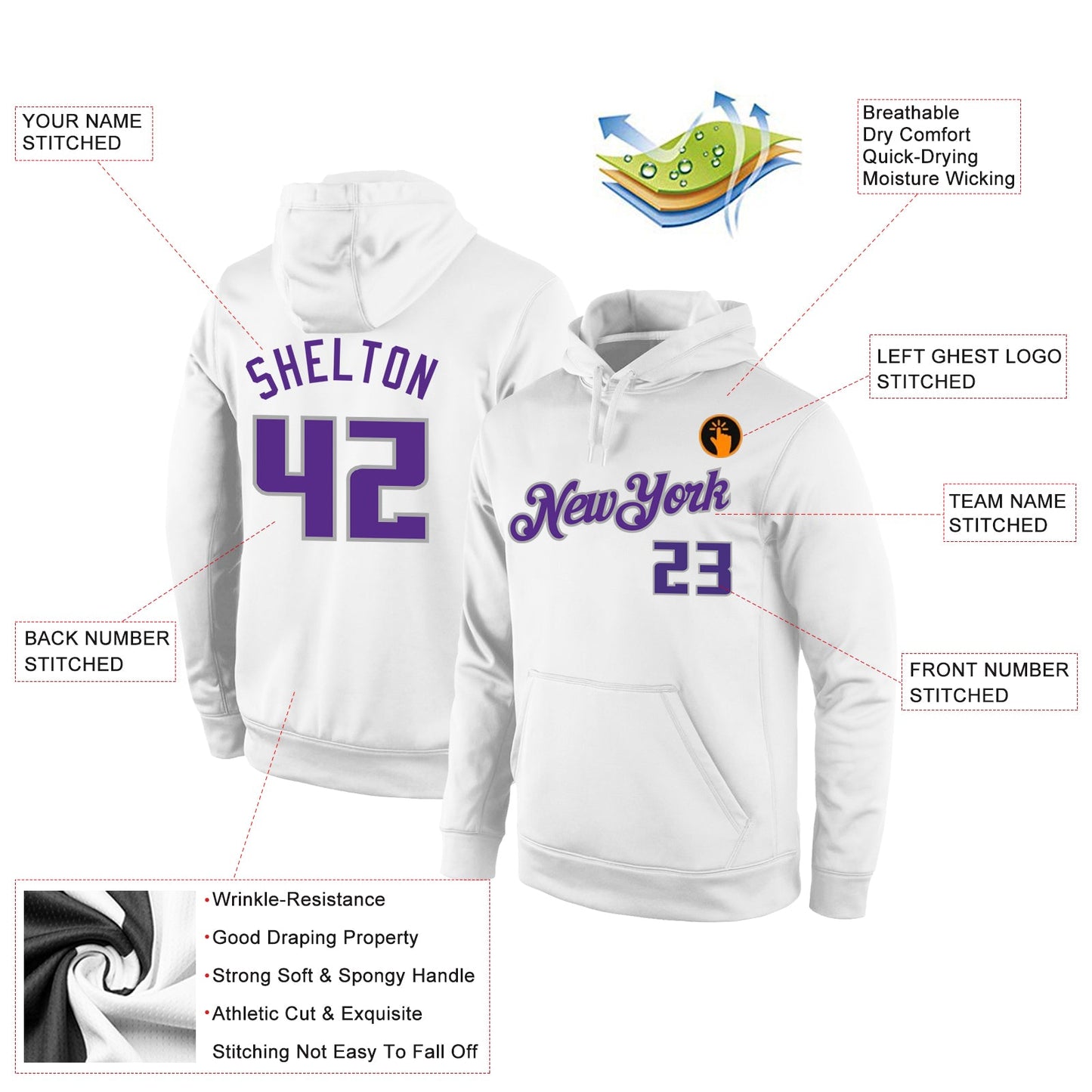 Custom Stitched White Purple-Gray Sports Pullover Sweatshirt Hoodie view 4