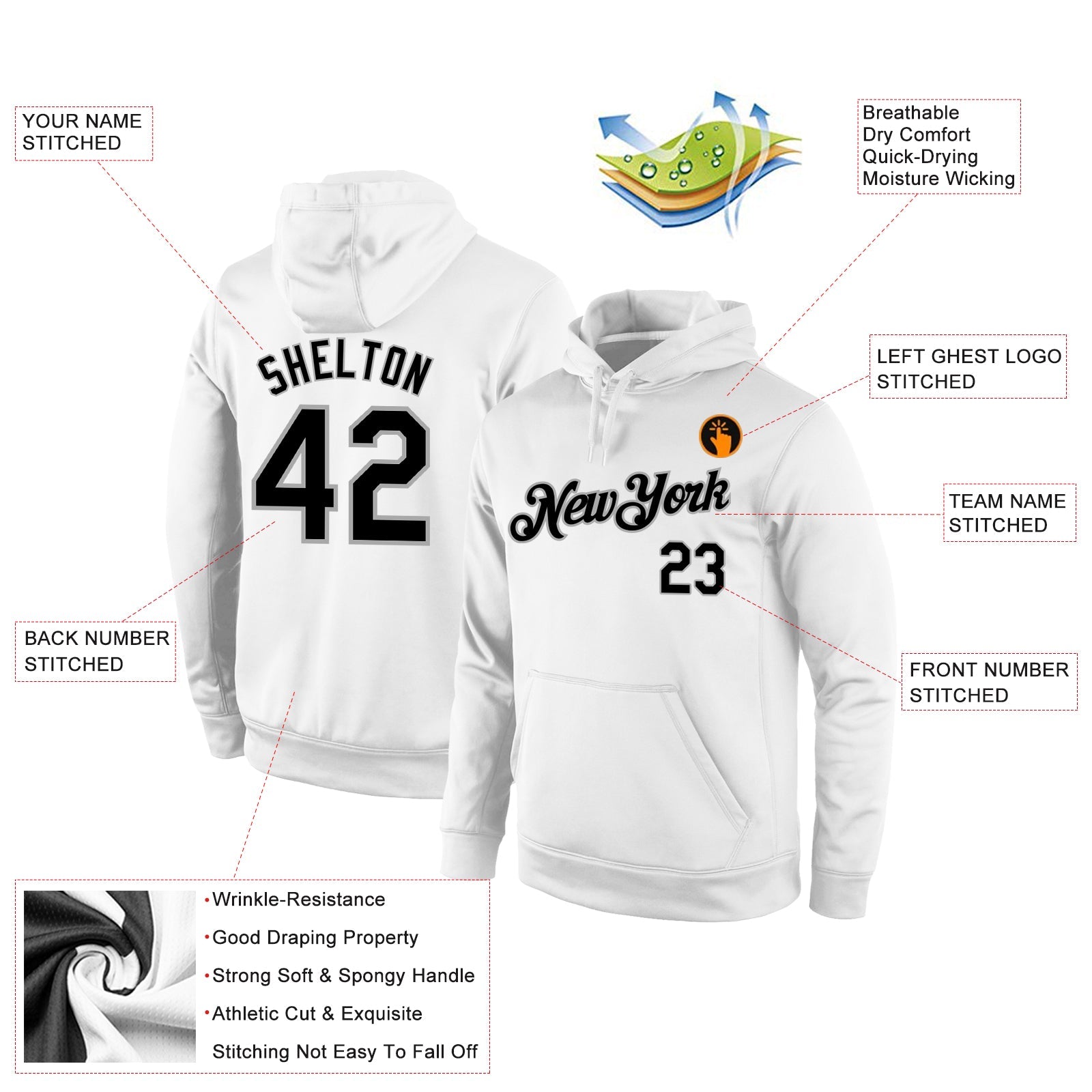 Custom Stitched White Black-Gray Sports Pullover Sweatshirt Hoodie view 4