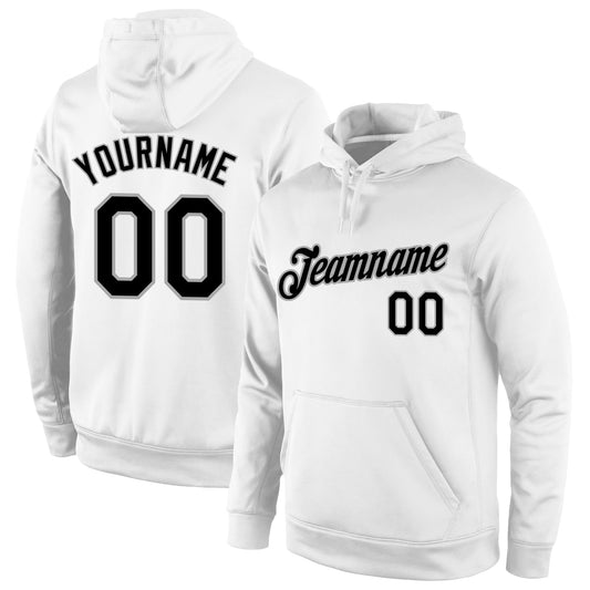 Custom Stitched White Black-Gray Sports Pullover Sweatshirt Hoodie - Main View