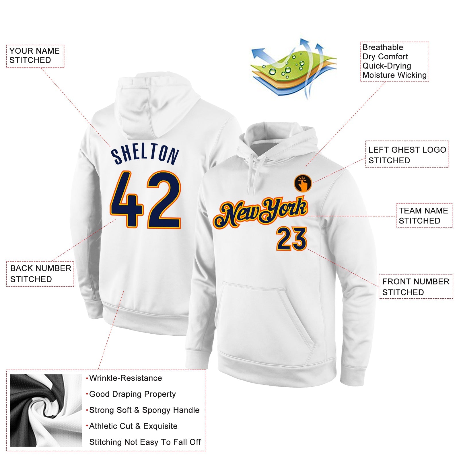 Custom Stitched White Navy-Gold Sports Pullover Sweatshirt Hoodie view 4