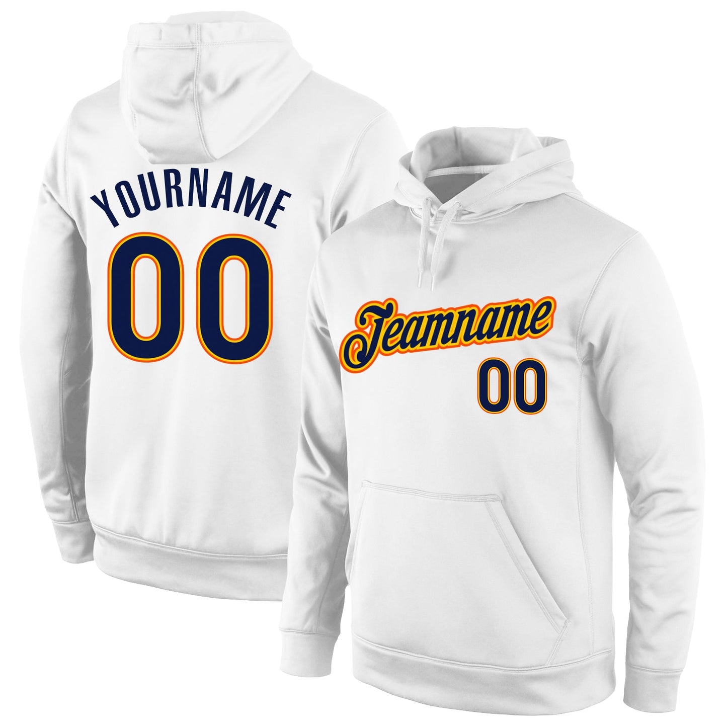 Custom Stitched White Navy-Gold Sports Pullover Sweatshirt Hoodie - Main View