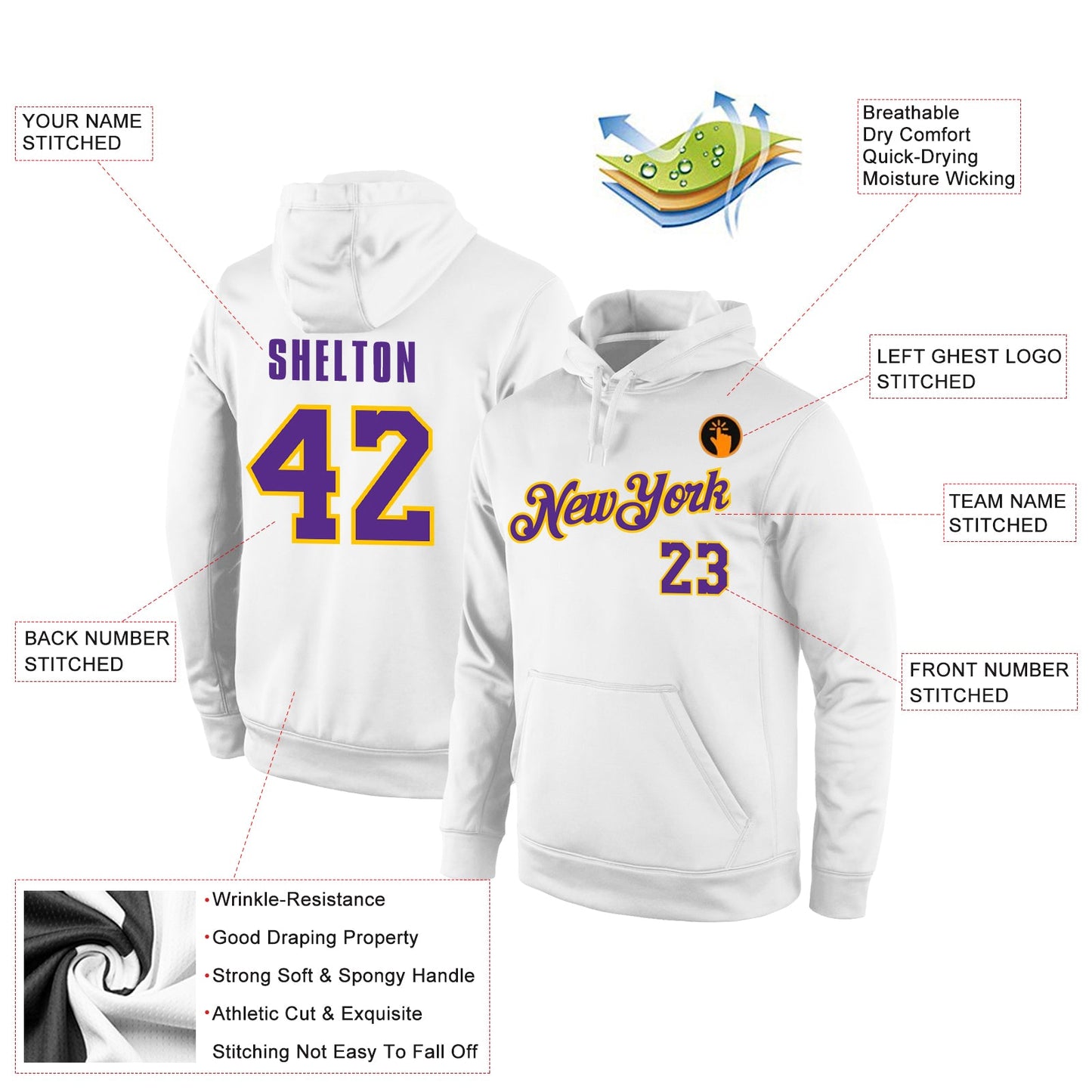 Custom Stitched White Purple-Gold Sports Pullover Sweatshirt Hoodie view 4