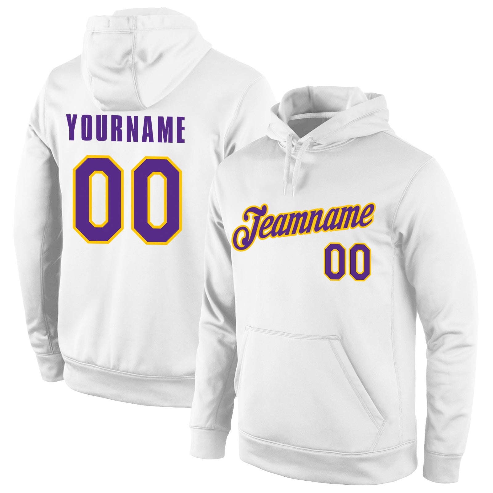 Custom Stitched White Purple-Gold Sports Pullover Sweatshirt Hoodie - Main View