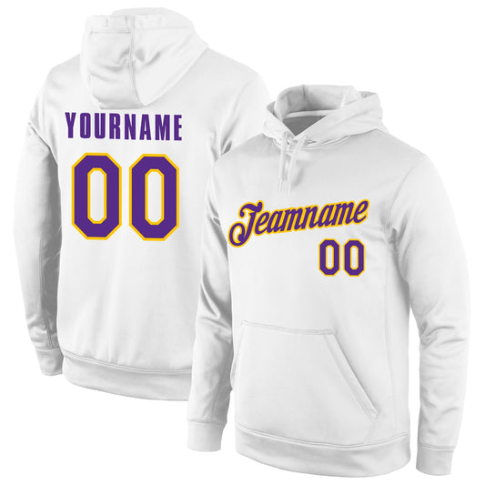 Custom Stitched White Purple-Gold Sports Pullover Sweatshirt Hoodie - Main View