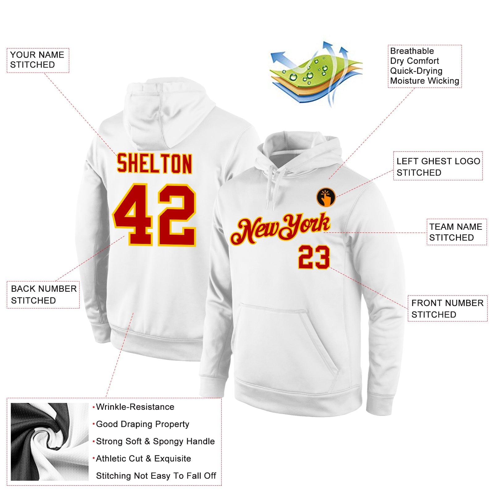 Custom Stitched White Red-Gold Sports Pullover Sweatshirt Hoodie view 4