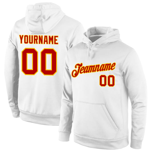 Custom Stitched White Red-Gold Sports Pullover Sweatshirt Hoodie - Main View