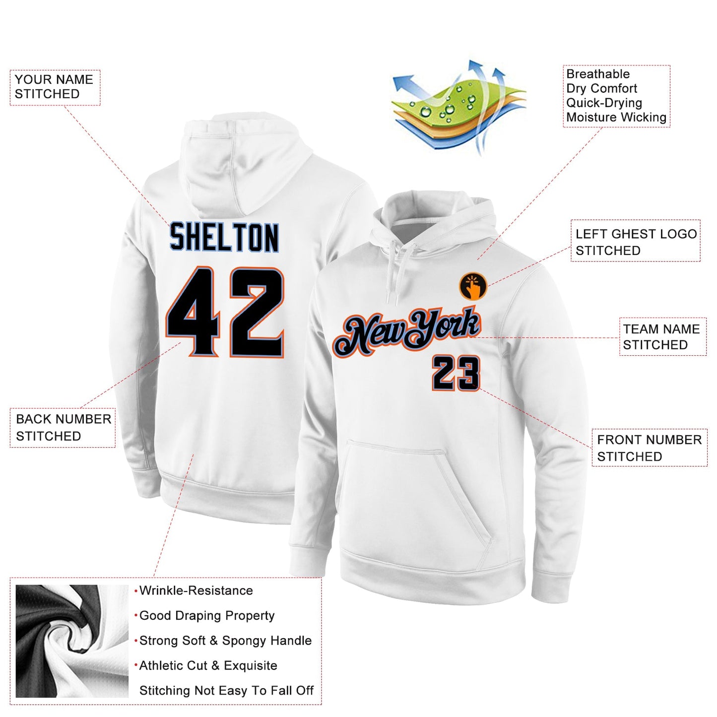 Custom Stitched White Black-Orange Sports Pullover Sweatshirt Hoodie view 4