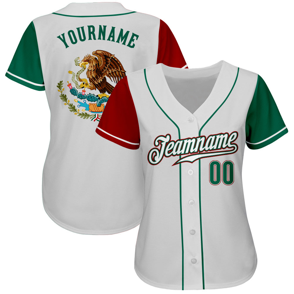 Custom White Kelly Green-Red Authentic Mexico Two Tone Baseball Jersey view 2