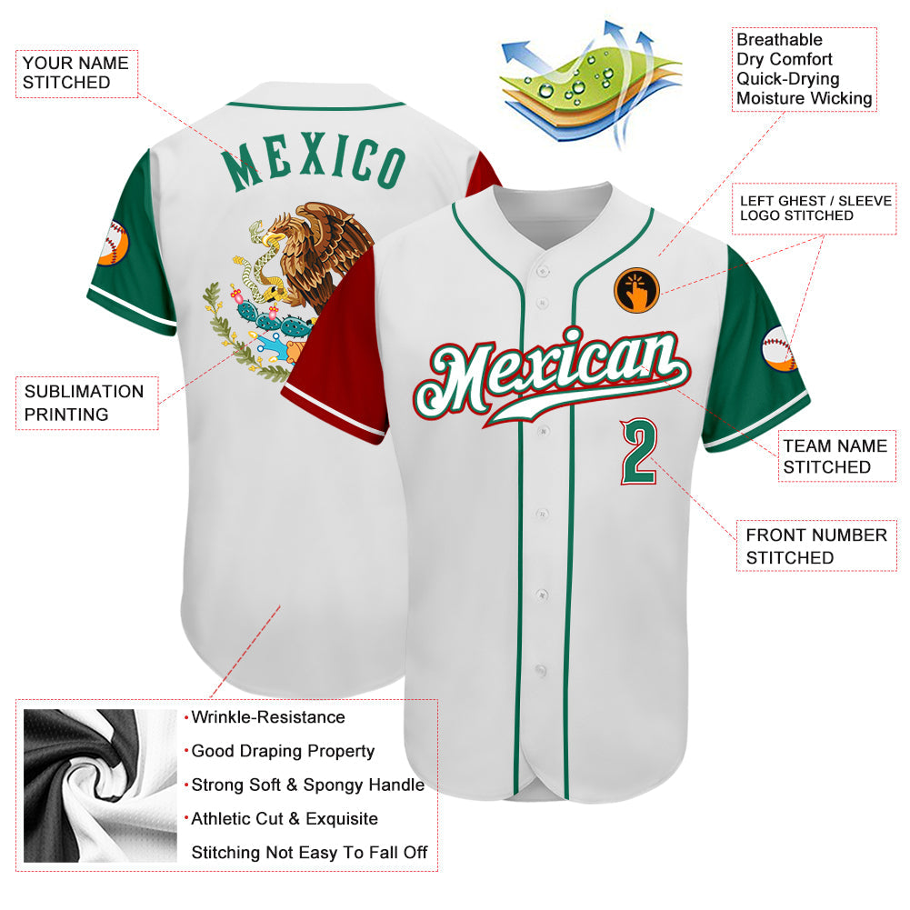 Custom White Kelly Green-Red Authentic Mexico Two Tone Baseball Jersey view 3