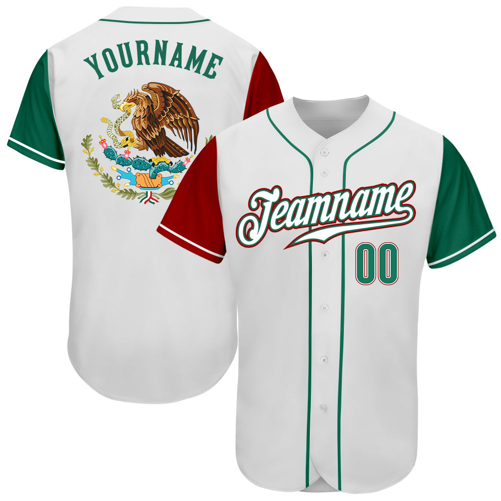 Custom White Kelly Green-Red Authentic Mexico Two Tone Baseball Jersey - Main View