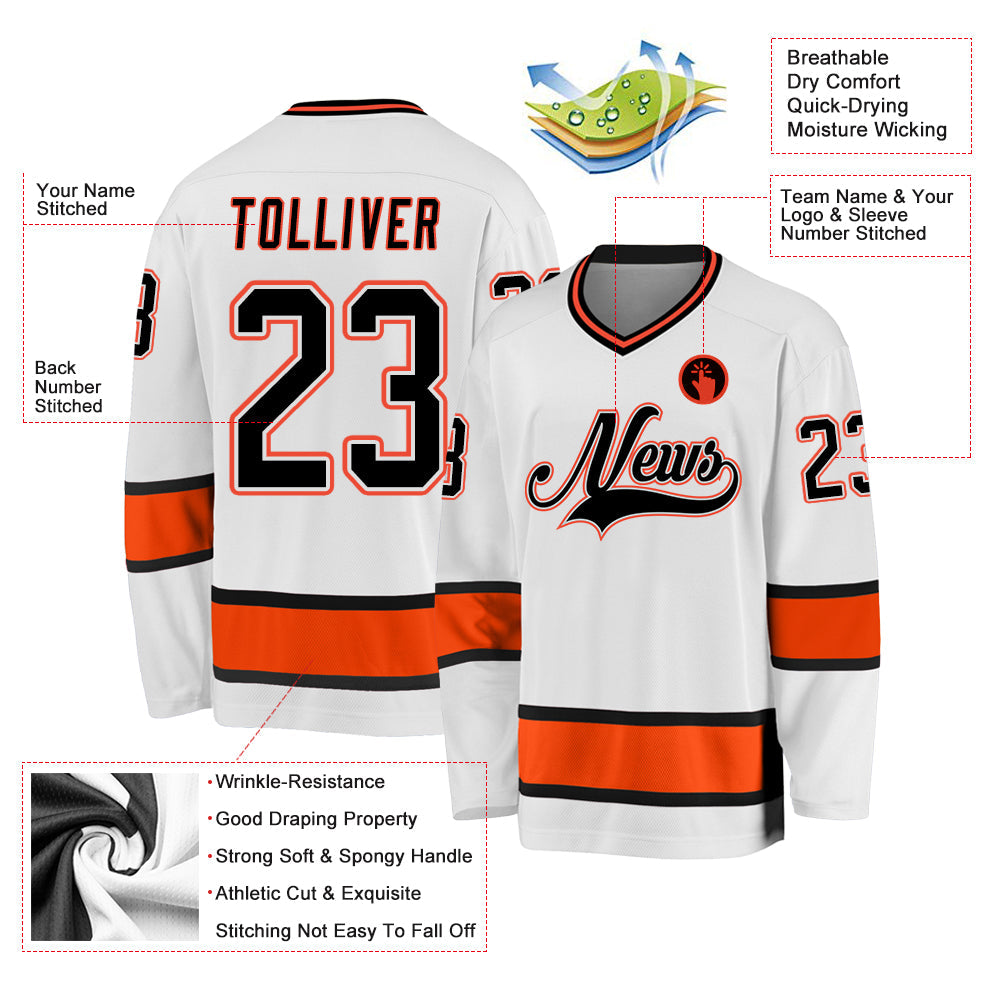 Custom White Black-Orange Hockey Jersey view 2