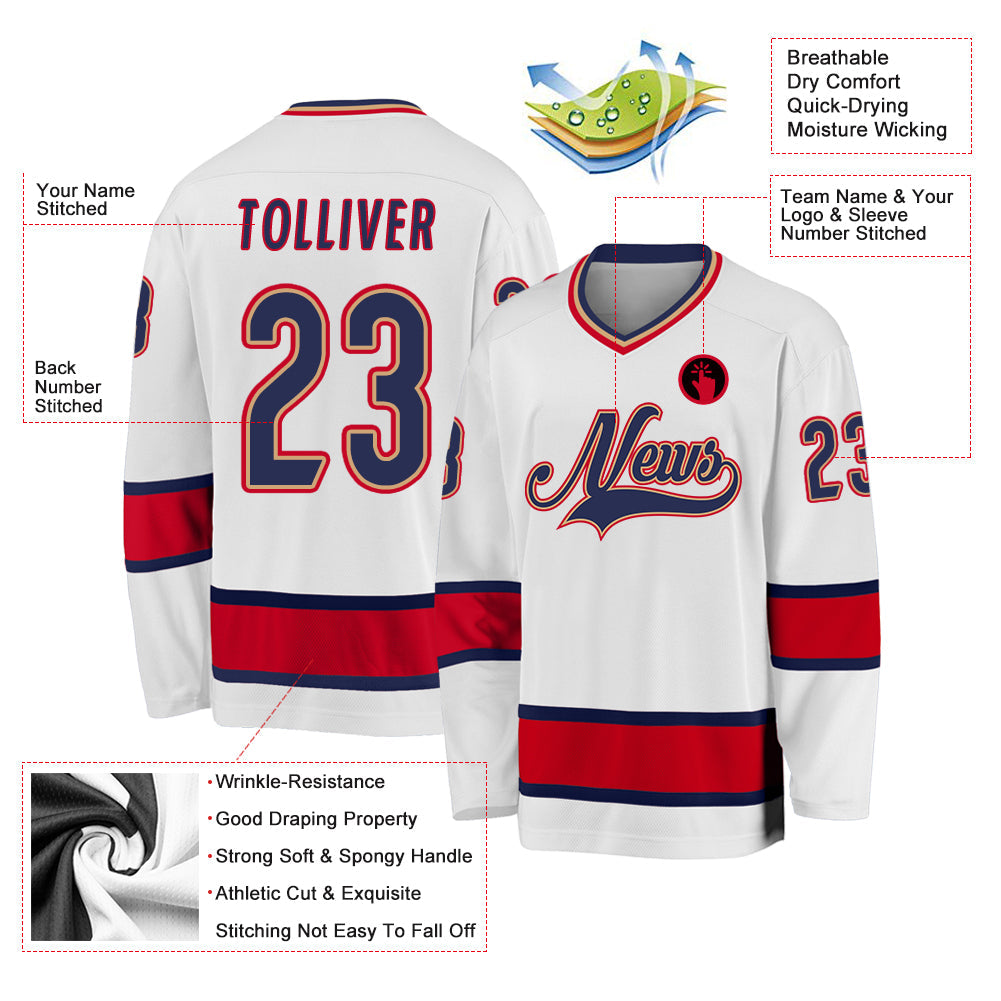 Custom White Navy-Red Hockey Jersey view 2