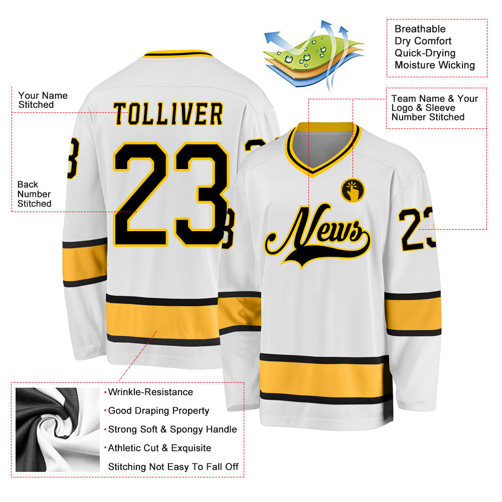 Custom White Black-Gold Hockey Jersey view 2