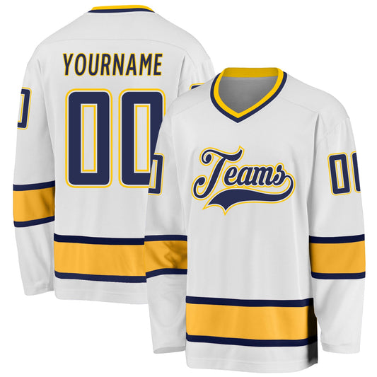 Custom White Navy-Gold Hockey Jersey - Main View
