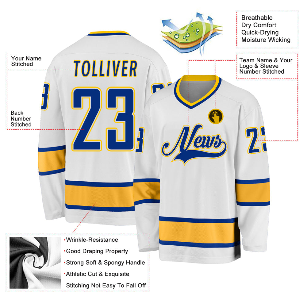 Custom White Royal-Gold Hockey Jersey view 3
