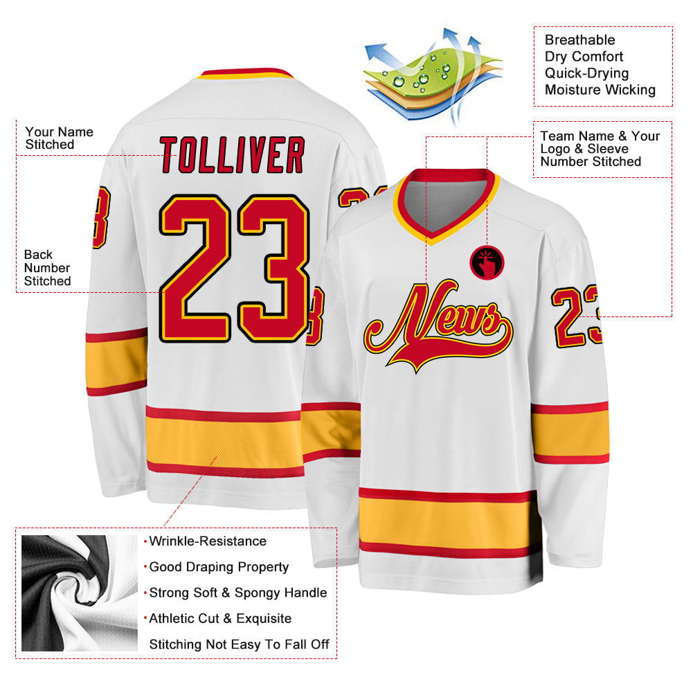 Custom White Red-Gold Hockey Jersey view 2