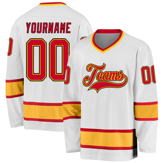 Custom White Red-Gold Hockey Jersey - Main View