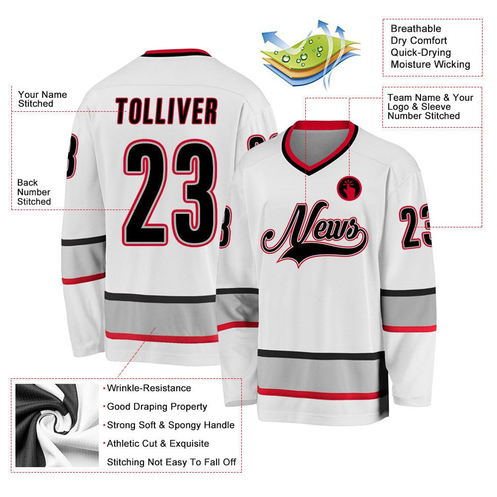 Custom White Black-Gray Hockey Jersey view 2