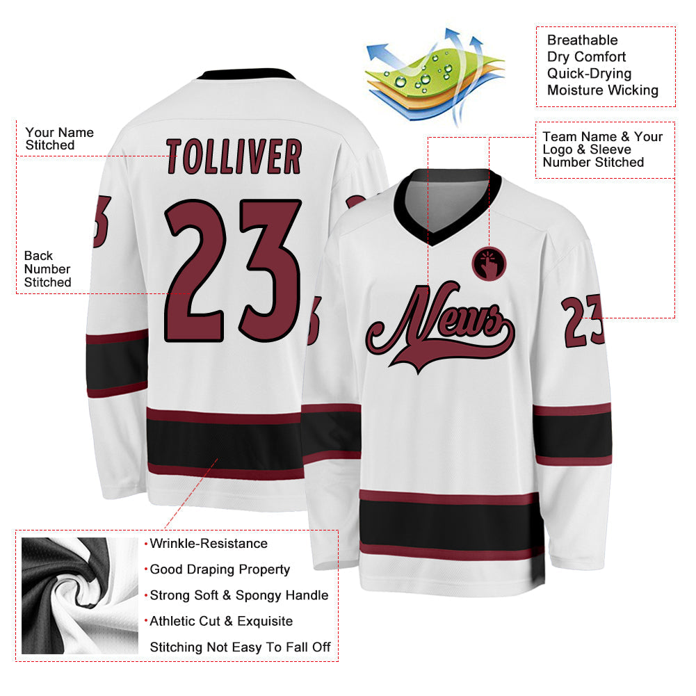 Custom White Burgundy-Black Hockey Jersey view 2
