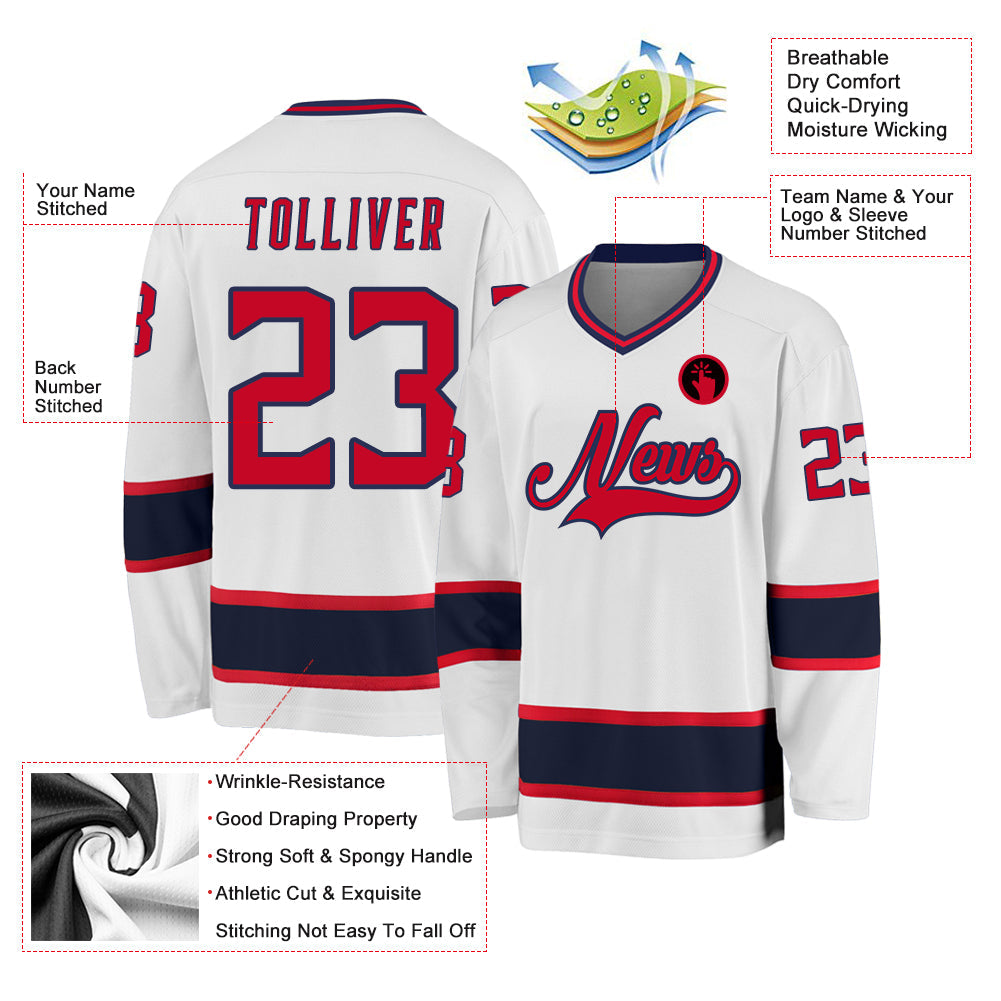Custom White Red-Navy Hockey Jersey view 2