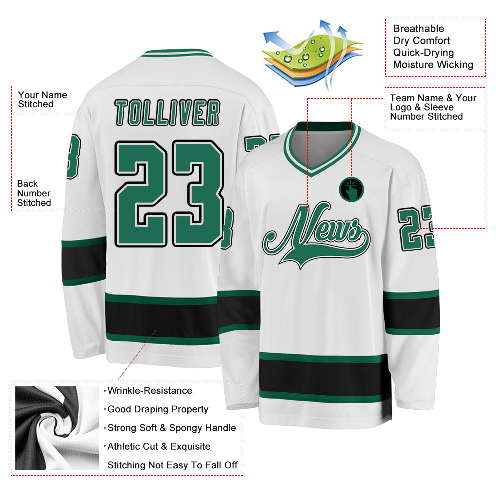 Custom White Kelly Green-Black Hockey Jersey view 2