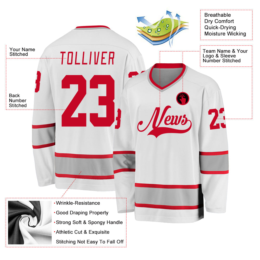 Custom White Red-Gray Hockey Jersey view 2