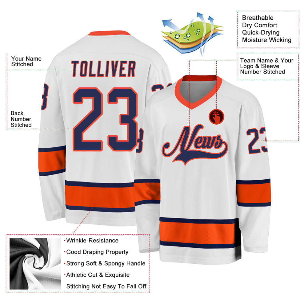 Custom White Navy-Orange Hockey Jersey view 2