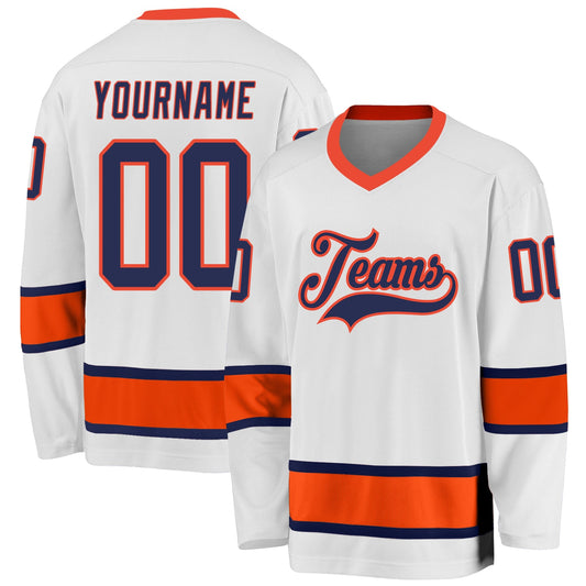 Custom White Navy-Orange Hockey Jersey - Main View