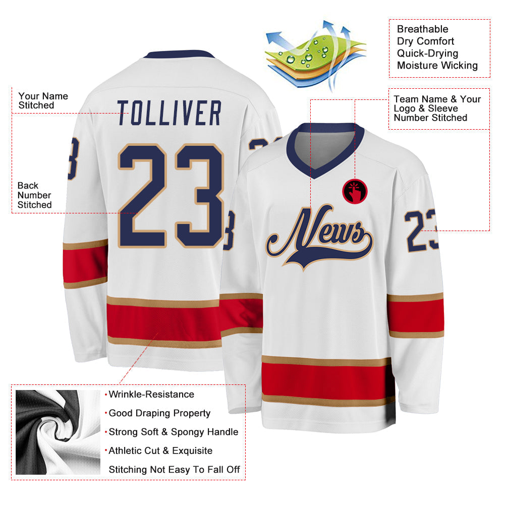 Custom White Navy-Red Hockey Jersey view 2